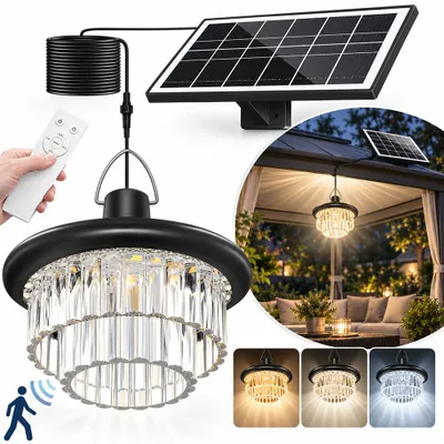 Produktbild von LED Solar Hängelampe Außen mit Bewegungsmelder, Kristall Solarpanel Dimmbar 2700K-6500K, IP65 Wasserdicht, 5m Kabel für Garten, Terrasse, Pavillon