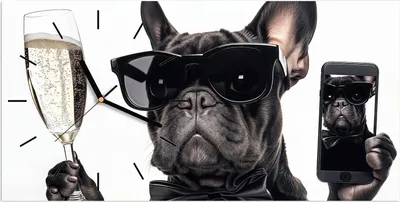 Produktbild von Wanduhr aus Glas mit Motiv Sonnenbrillenhund- 60 x 30 cm - inkl. Aufhängesystem