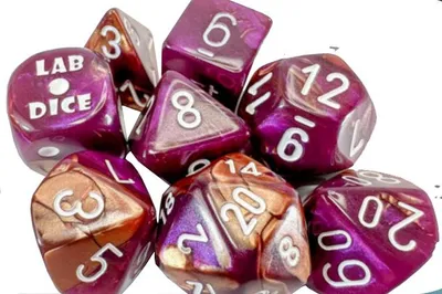 Productafbeelding van Chessex 7-delige dobbelset Gemini, koper-paars/wit