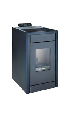 A black pellet stove is shown against a white background.