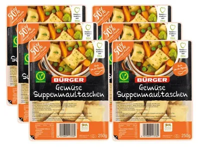 Produktbild von BÜRGER Gemüse Suppenmaultaschen 250 g – Vegetarische Suppeneinlage mit frischem Gemüse, ideal für Suppen & Eintöpfe, 6 x 250 g Beutel