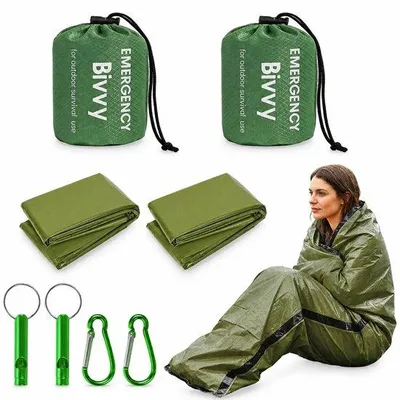 Produktbild von 2 Notfall-Schlafsäcke – Überlebens-Bivakbeutel mit Karabinerhaken und Signalpfeife – Überlebensausrüstung für Outdoor-Aktivitäten, Camping und Bivakieren – Größe: Groß