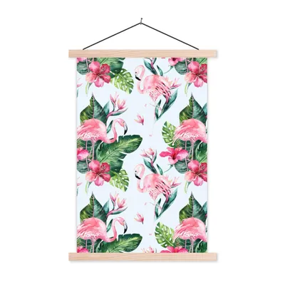 Produktbild von MuchoWow® Textilposter Muster - Blätter - Flamingo 120x180 cm mit holzfarbenen Rahmen - Textil-Plakat