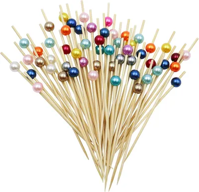 Productafbeelding van Houten cocktailspiesjes met kleurrijke acrylkraal - 12 cm - Cocktailsticks met bamboe picks voor cake - Fruit - Cocktaildrankjes - Candybar - Feest