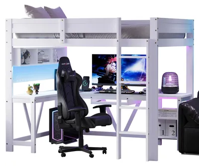 Produktbild von Hochbett mit Eckschreibtisch, LED-Streifen, Lattenrost, Wandgitter, Regal, Leiter, 90x200cm, Kinderbett, Jugendbett