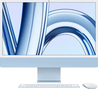 A light blue Apple iMac computer with its keyboard and mouse, displayed on a white background.
