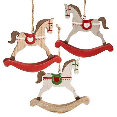 3 Holz-Schaukelpferde als Weihnachtsbaumschmuck, 10 cm