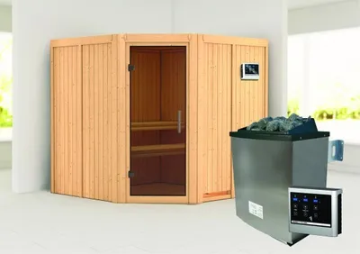 Produktbild von Karibu Sauna Innensauna Jarin Eckeinstieg Ofen 9 KW externe Strg easy 196x196x198 cm ohne Dachkranz mit Graphittür