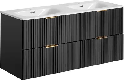 Produktbild von Badmöbel Waschtisch mit Unterschrank Set 120cm ADELAIDE-56-BLACK, matt schwarz gerillt, 2 Keramik Doppel-Waschbecken, 4 Softclose-Schubkästen, B/H/T 121/58,5/46 cm
