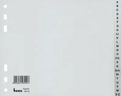 Produktbild von Bene Kunststoffregister, DIN A4, 24-teilig, A-Z, 120 my, PP, grau, Universallochung