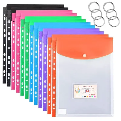 Immagine prodotto di Cartelle portadocumenti A4, ideali per l'inserimento e l'organizzazione dei documenti, confezione da 12 pezzi, 6 colori, espandibili, con chiusura a bottone