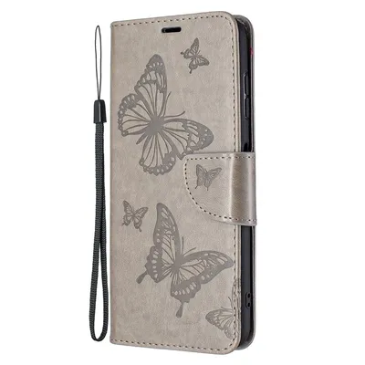 A gray flip phone case with a butterfly design.