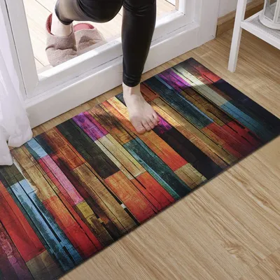 Produktbild von Teppich Läufer Flur Küche rutschfest Waschbar Holzbrettmuster Bunter Modern rutschfest Waschbar Vintage Kücheläufer Teppichläufer Polyester Meterware Anpassbar