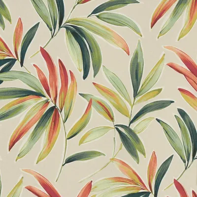 Produktbild von Dekostoff Meterware Baumwollstoff Blätter Zweige beige grün rot 1,40m