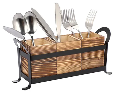 Image de Boîte à couverts en bois et en métal - Range-couverts 3 compartiments pour cuisine