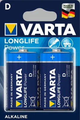 A retail package of Varta Longlife Power D batteries.