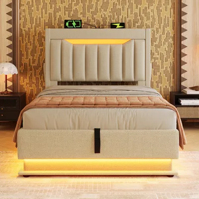 Produktbild von Flieks Polsterbett 90x200cm mit Ladefunktion (USB & Type-C), Einzelbett Jugendbett mit Led, Stauraumbett Boxspringbett mit Stauraum, Leinen, Beige