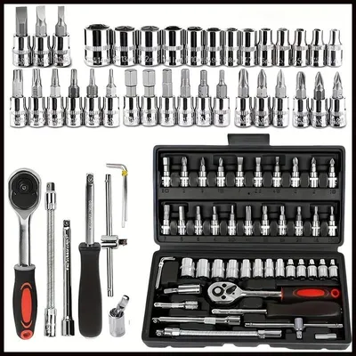 Produktbild von KFZ Werkzeugset 46-teilig - Steckschlüsselsatz 0,6 cm Antrieb - Ratsche und Schraubendreher - Mechaniker Werkzeugkoffer - Schwarz