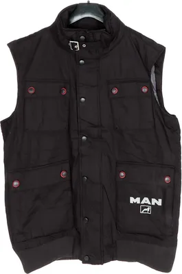 Produktbild von MAN Trucker-Weste, gefüttert, mit 2 Innen- und 4 Außentaschen, alle verschließbar, 2-Wege-Reißverschluss, Drucknöpfe, Stehkragen mit Schnallenverschluß, reflektierndes MAN-Logo, Größe XXL