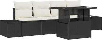Image de Ensemble de salon vidaXL, 5 pièces, noir et crème, en polyrotin