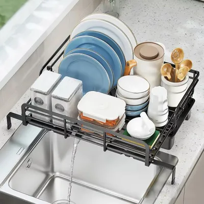 Produktbild von Geschirr-Abtropfgestell mit Besteckhalter - Abtropfkorb - Selbstablauf - Faltbar - Freistehend - Stahl - Einstöckig - Schwarz