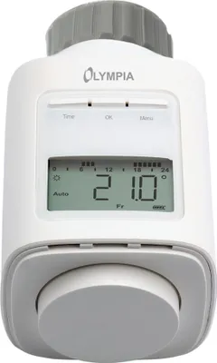 A white and gray radiator thermostat with a digital display and a large dial.