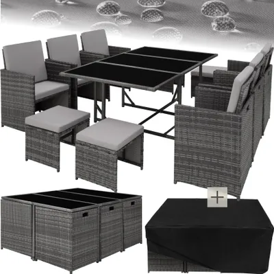 A rattan garden furniture set including chairs, a table, and ottomans, with a protective cover shown separately.