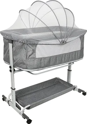 Produktbild von Beistellbett Babywiege Co-Sleeper mit Moskitonetz und Rädern freistehendes Babybett höhenverstellbar 95×58×74-90cm grau