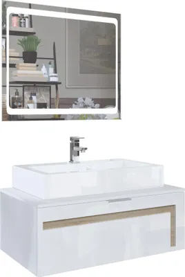 Produktbild von Vladon Waschtisch Waschbecken Unterschrank Aloha V2,  Germany, Korpus in Weiß matt / Fronten in Weiß Hochglanz mit Absetzungen in Eiche sägerau, mit Aufsatzwaschbecken, Armatur (M1) und LED Spiegel
