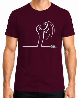 Zdjęcie produktu dla T-shirt męski, wzór "La Linea Balum Strichmännchen" autorstwa Osvaldo Cavandoli, grafika, kolor burgundowy, rozmiar S