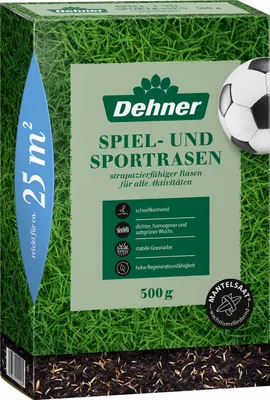 Produktbild von Dehner Saatgut Spielrasen / Sportrasen, hochwertige Rasensamen für strapazierfähigen / dichten Rasen, schnell keimend / pflegeleicht, ideal für Familiengärten & Spielflächen, 500 g für ca. 25 m²