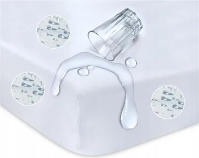 A white fitted sheet with water spilled on it, demonstrating its waterproof feature. Close-up insets show water droplets on the fabric.