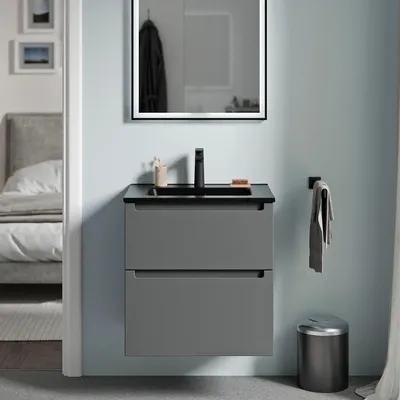 Produktbild von Waschtischunterschrank VIREO 60 cm mit Waschbecken schwarz - Farbe wählbar, Farbe Badmöbel:Anthrazit matt