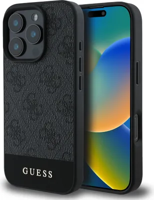 A black and gray iPhone case with the Guess logo is shown.