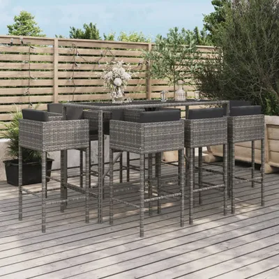 Produktbild von The Living Store 9-tlg. Gartenbar-Set mit Kissen Grau Poly Rattan