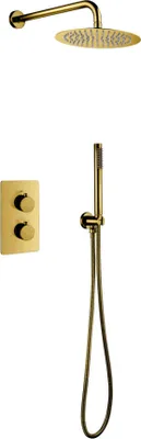 A gold-finished shower set including a rain shower head, a wall-mounted control panel with two knobs, and a handheld shower head with a hose.