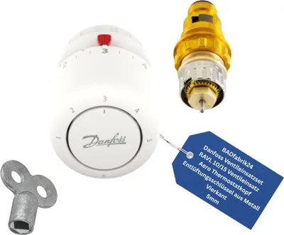 Produktbild von BADfabrik24 Danfoss Ventileinsatzset RAVL 10/15 Ventileinsatz und Aero Thermostatkopf +BADfabrik24 Entlüftungsschlüssel aus Metall, Vierkant 5mm