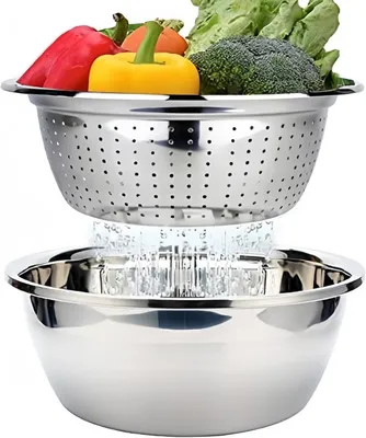 Produktbild von Edelstahl-Schüsselset, Abtropfsieb, Küchensieb, Nudelsieb, Reiswaschschüssel, Salatsiebset, stapelbares Salatschüsselset – 26 cm