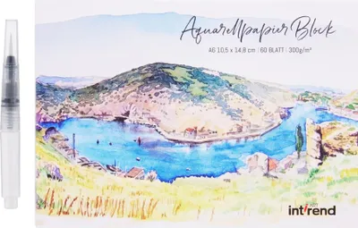 Produktbild von int!rend Aquarellpapier A6 300 g/m² - 60 Seiten - Aquarellblock mit Wassertankpinsel & Bleistift - Watercolor Paper für Handlettering - Aquarell