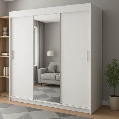 Zdjęcie produktu dla Szafa 3-drzwiowa przesuwna RIO-4 180x215cm kolor biały – lustro na froncie, w zestawie półki, drążki, solidne wykonanie, łatwy montaż
