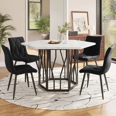 Produktbild von Esstisch- und Stuhlset (5-teiliges Set), moderner sechseckiger Marmor-Esstisch + 4 Esszimmerstühle aus schwarzem Samt, um ein warmes und modernes Restaurant zu schaffen