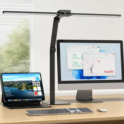 Produktbild von KableRika LED Schreibtischlampe dimmbar, Doppelkopf, Metallbasis, 24W Büro – Schwarz