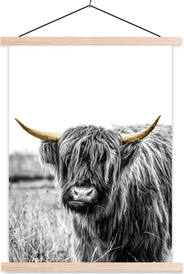 Produktbild von MuchoWow® Textilposter Schottisches Hochlandrind - Schwarz & Gold - Hoorn 40x53 cm mit holzfarbenen Rahmen - Schlafzimmer