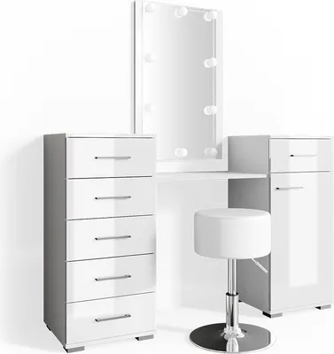 Produktbild von Vicco Schminktisch Zoe, 140 cm mit LED Beleuchtung und Hocker, Weiß