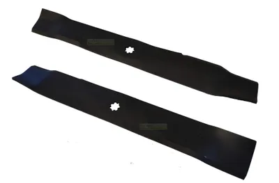 Two black lawn mower blades are shown against a white background.