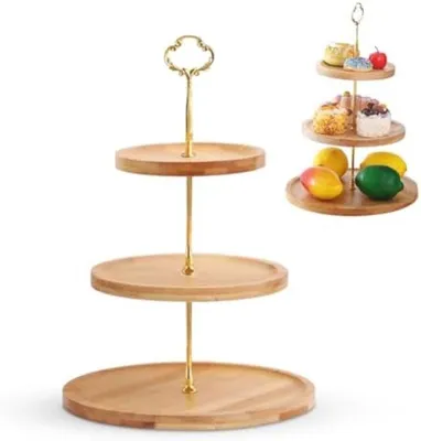 Produktbild von PromoHome® Runde 3-stöckige Dessertständer – Bambus mit Griff, 30 cm Durchmesser, 35 cm hoch