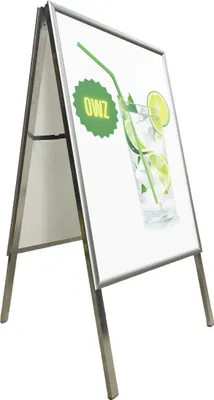 A-frame sign stand with a graphic of a drink.