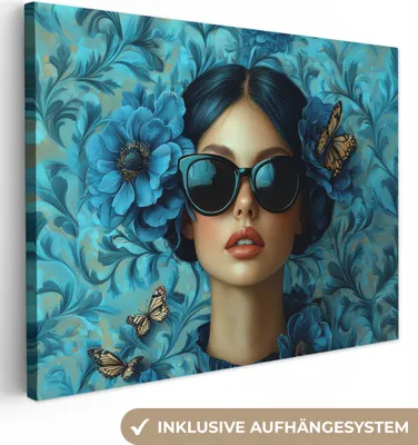 Produktbild von Leinwand Bilder 80x60 cm - Frauen, Abstrakt - Blumen - Orange - Blau, Wandbilder, Wanddeko Wohnzimmer, Bild
