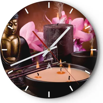 Produktbild von Wanduhr - Rund - Glasuhr - Buddha Kerzen Religion - 40x40cm - Schleichendes Uhrwerk - Lautlos - zum Aufhängen bereit - Dekoration Modern - Wanddekoration aus Glas - C3AR40x40-2631