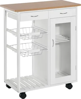 Obrázek produktu pro Kuchyňský vozík - Servírovací vozík - Bambus - 2 zásuvky - Police a koše - S kolečky - 70x37x85 cm - Bílá